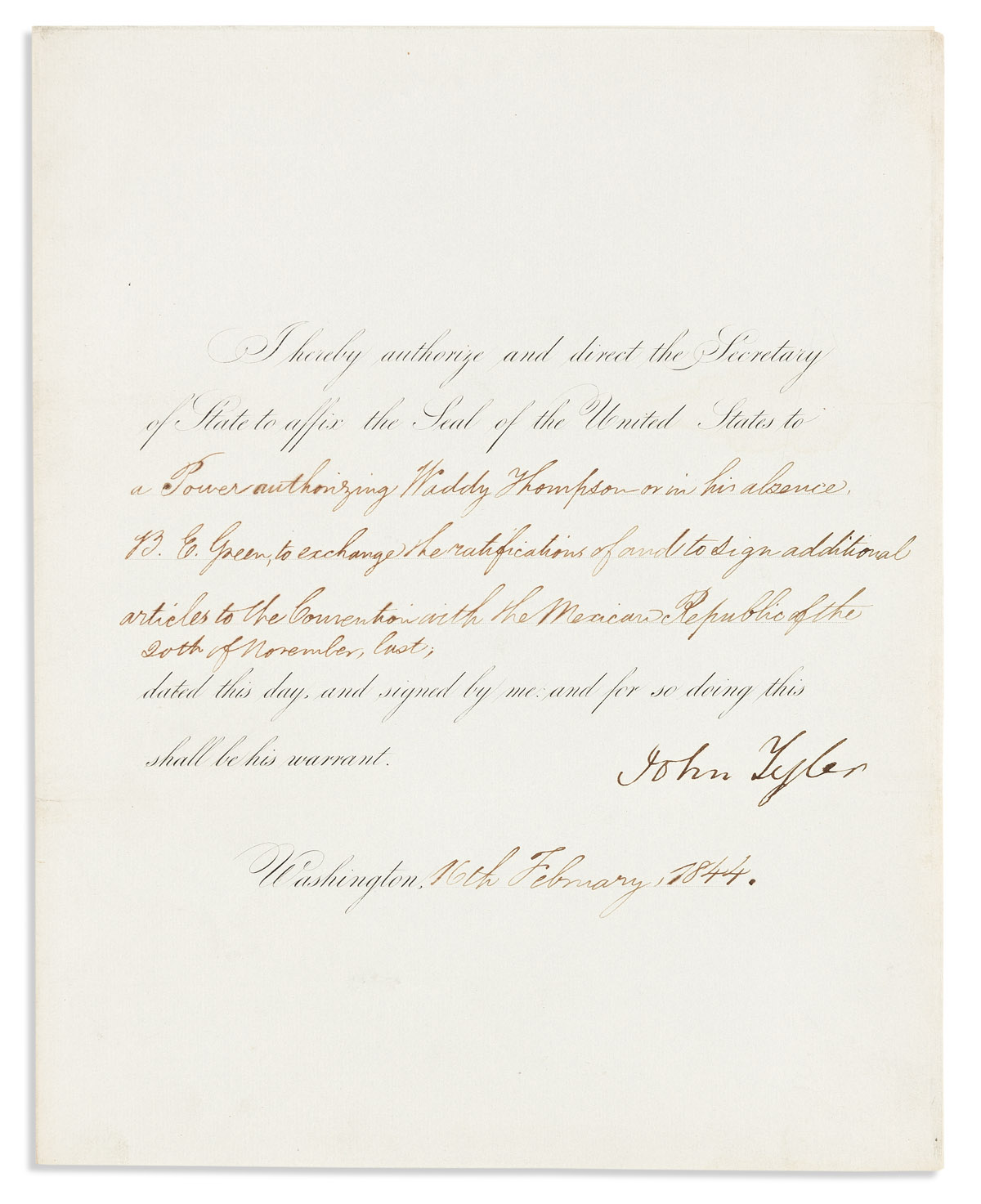 TYLER, JOHN. Partly-printed Document Signed, as President,